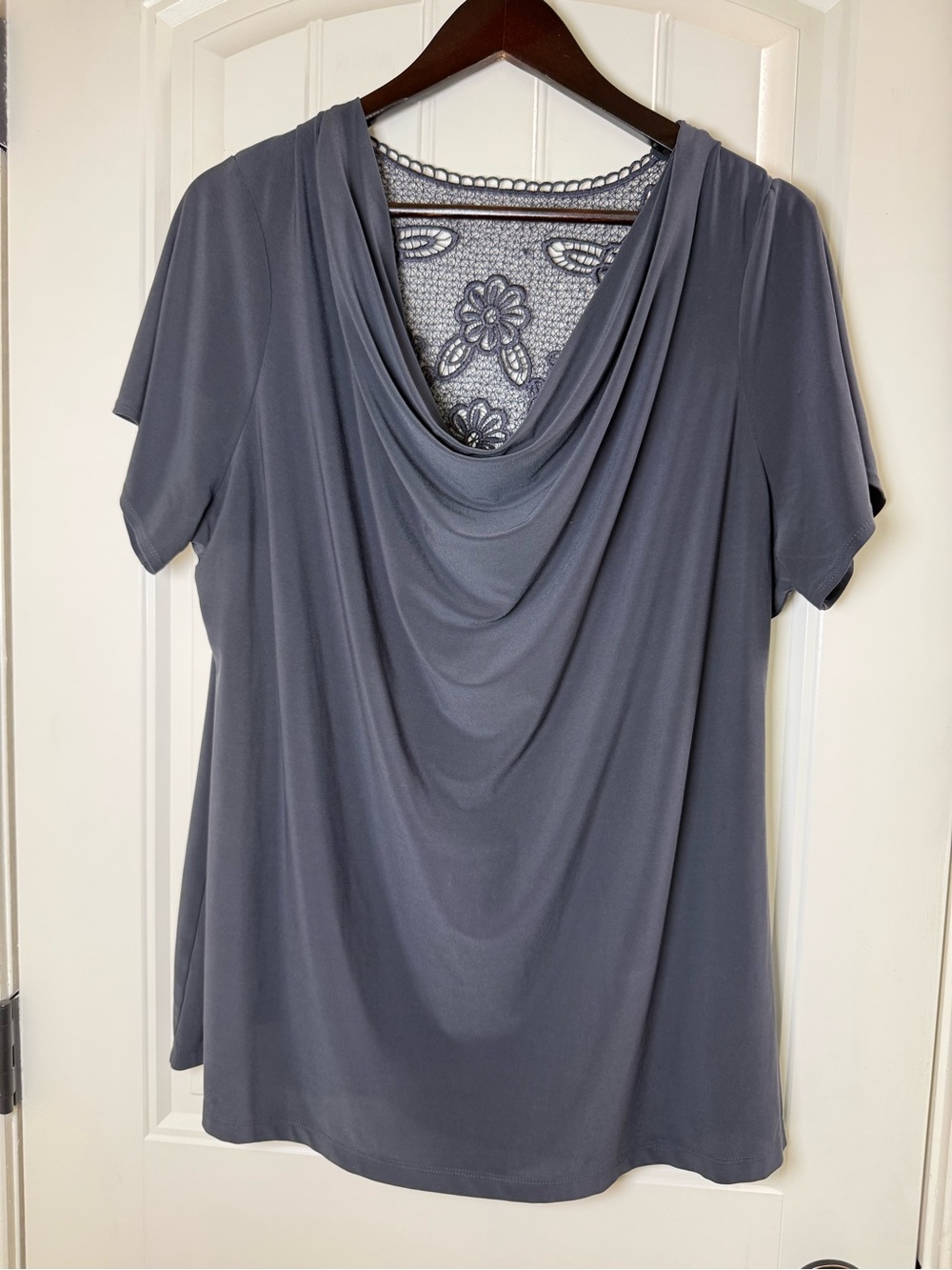 Jaclyn Smith Slate Gray Drape Front Blouse with Lace Back